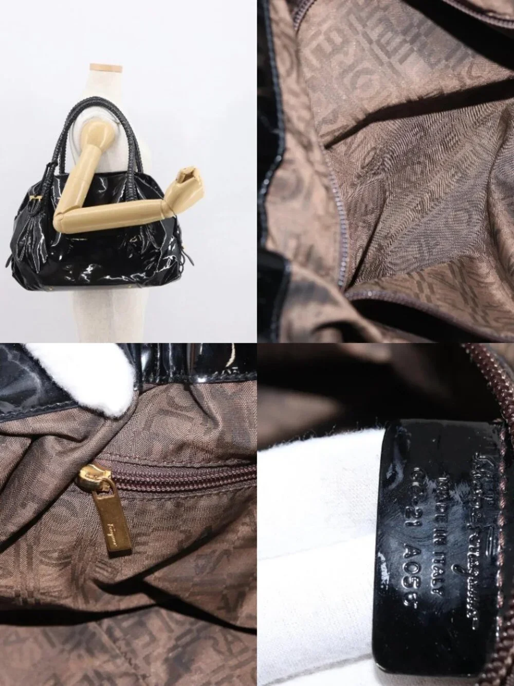 Salvatore Ferragamo Gancini Tote Bag Patent leather Black Gold Auth BA9545